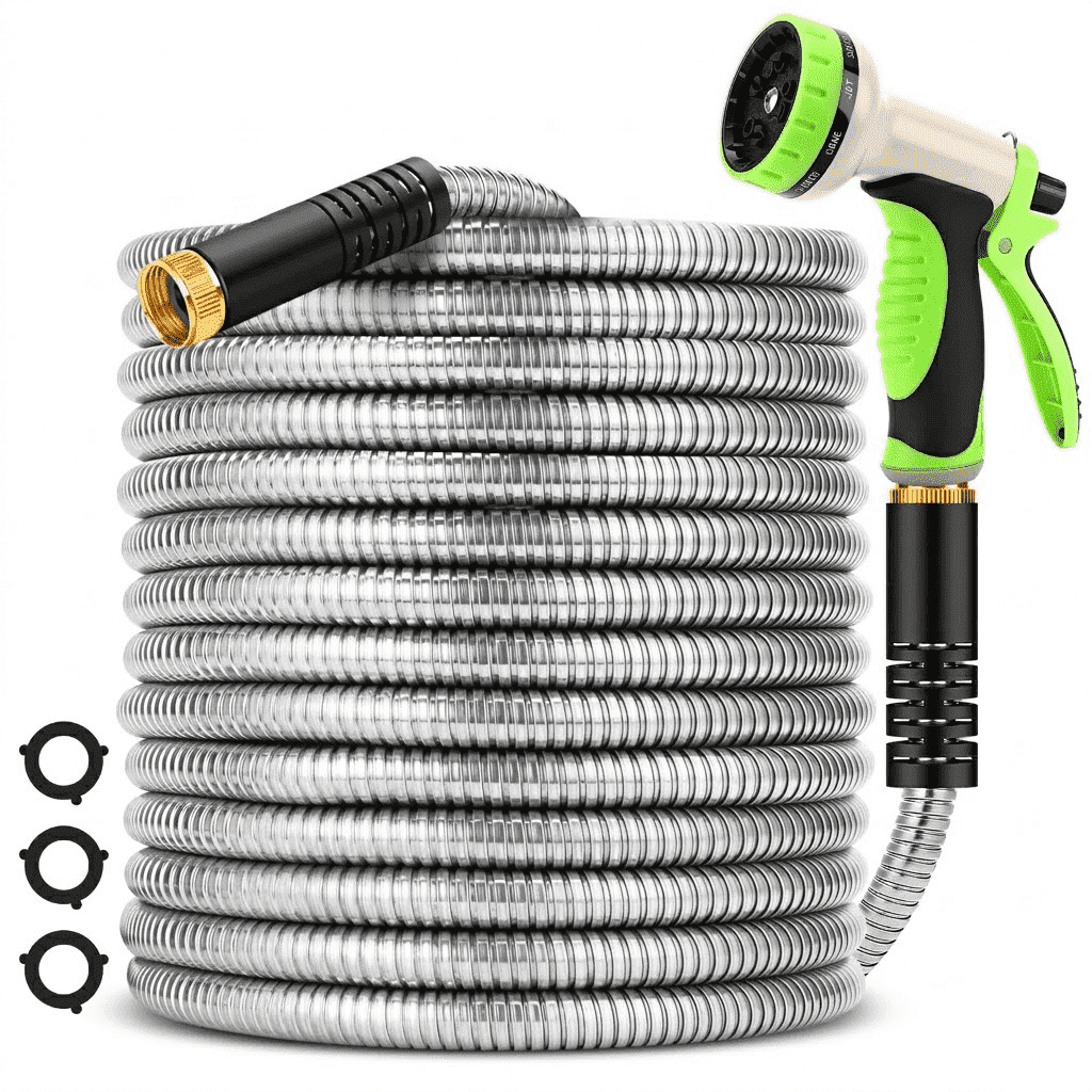 50FT Stainless Steel Garden Hose with 10-Pattern Spray Nozzle, Flexible Lightweight Metal Water Hose for Yard & Outdoor Use