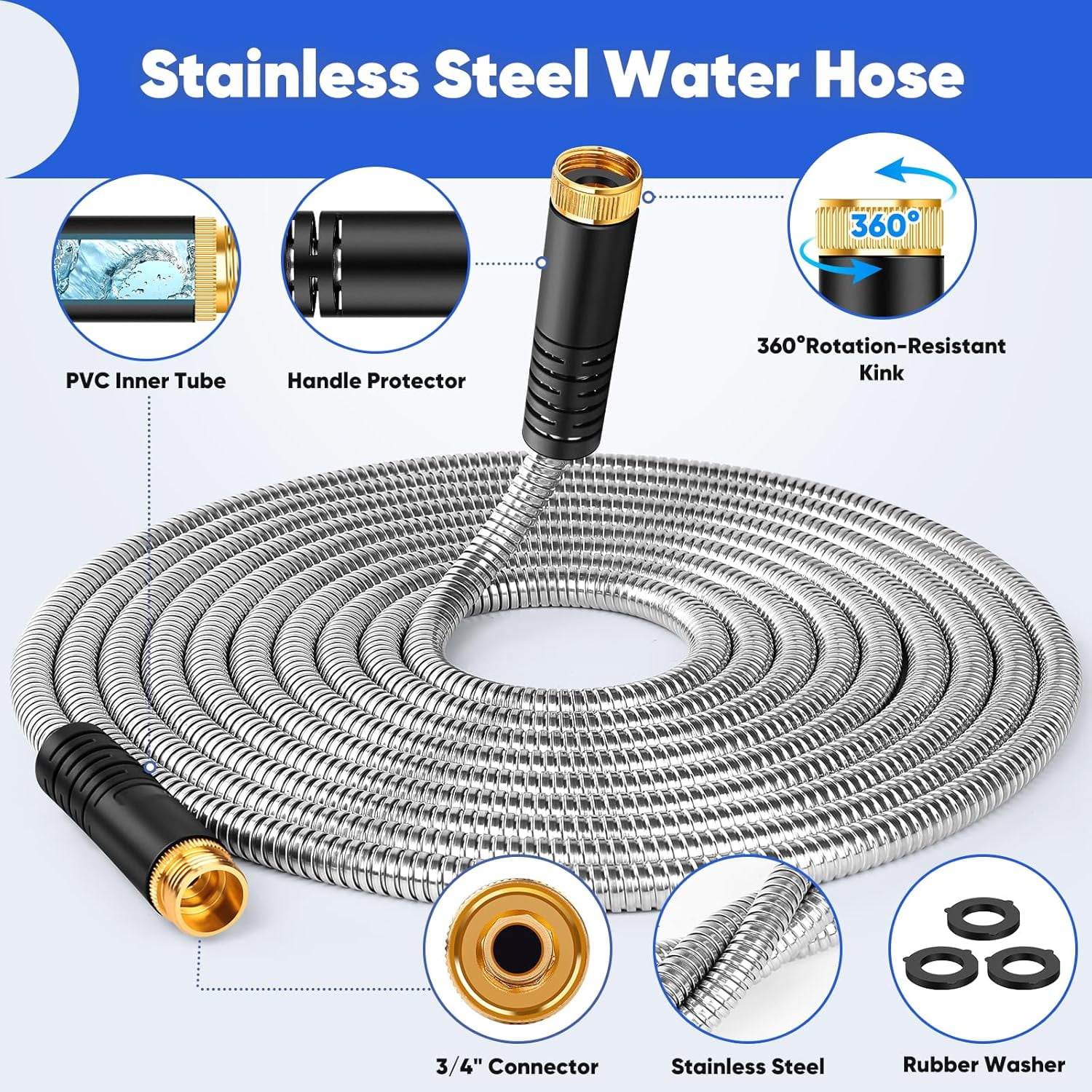 Stainless Steel Garden Hose with 10 Function Nozzle, Lightweight, Leak-Proof, Puncture Resistant for Yard, Outdoor, RV
