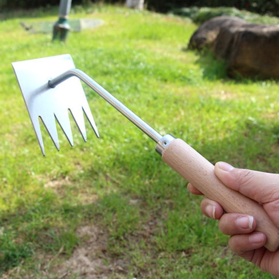 Stainless Steel Garden Weeding Tool with Ergonomic Wooden Handle Multi Function Hand Weeder Rake for Lawn Patio Weed Removal and Root Extraction