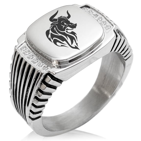 Stainless Steel Gargantuan Minotaur CZ Ribbed Needle Stripe Pattern Biker Style Polished Ring