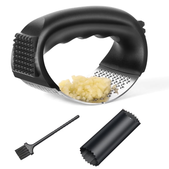 Garlic Press Rocker Stainless Steel, Professional Garlic Chopper and Mincer with Silicone Peeler, Ergonomic Design for Easy Smashing, Comes with Brush, Black