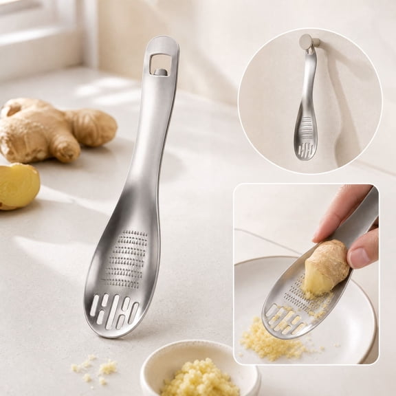 Stainless Steel Garlic Grater Cooking Spoon, Multifunctional Ginger Grinder with Draining Slots and Built In Bottle Opener, Easy Clean Kitchen Tool for Home Cooking Camping and Food Prep