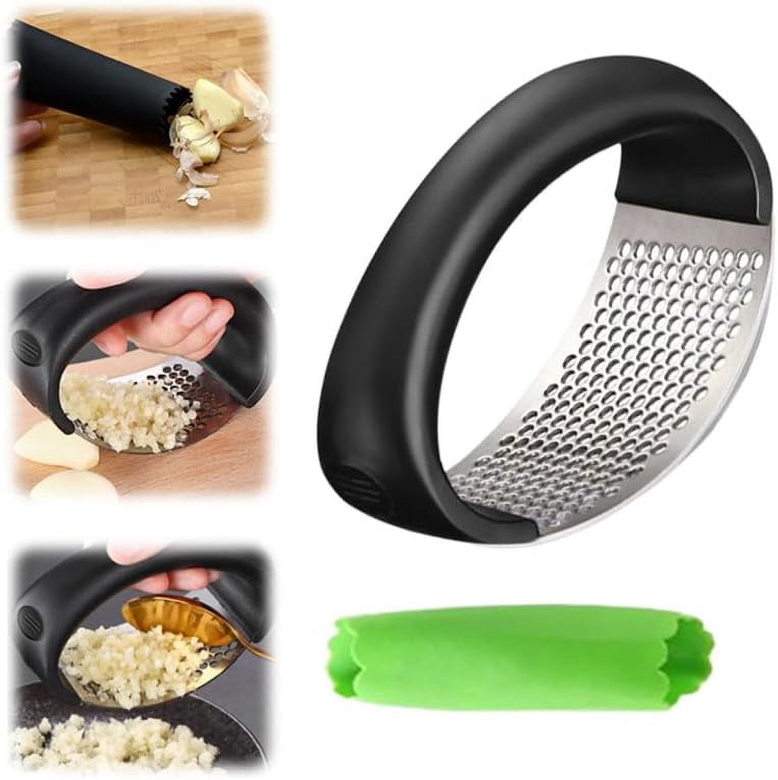 Stainless Steel Garlic Press, 2024 New Garlic Press Rocker Crusher Masher with Garlic Peeling Drum, Portable Manual Heavy Duty Garlic Mincer, Garlic