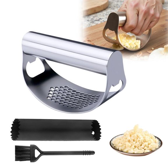 Stainless Steel Garlic Press, 2025 Upgraded Garlic Press Stainless Steel, Garlic Press Rocker, Portable Manual Garlic Crusher, Stainless Steel Garlic Mincer tool with Peeler and Brush (1)