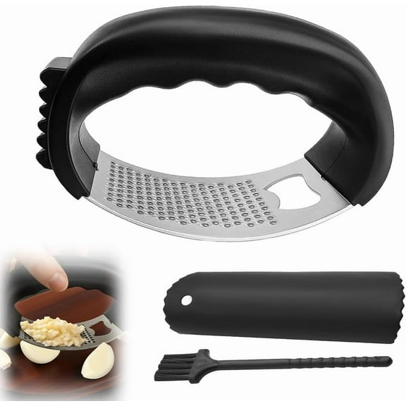 Stainless Steel Garlic Press 3-Piece Set - Manual Garlic Crusher, Peeler & Paste Maker for Home Kitchens, Portable Kitchen Gadgets, Easy to Clean, Perfect for Efficient Garlic Prep, Black