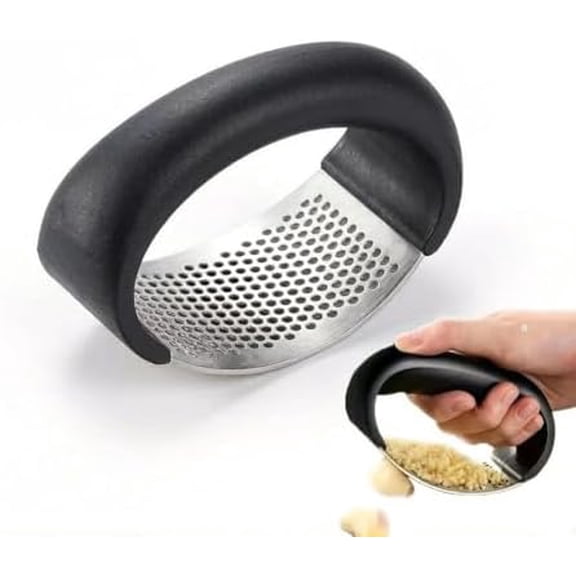 Stainless Steel Garlic Press, Heavy Duty Garlic Crusher Mincer with Ergonomic Handle, Easy Squeeze Garlic Presser for Kitchen Cooking (Black)