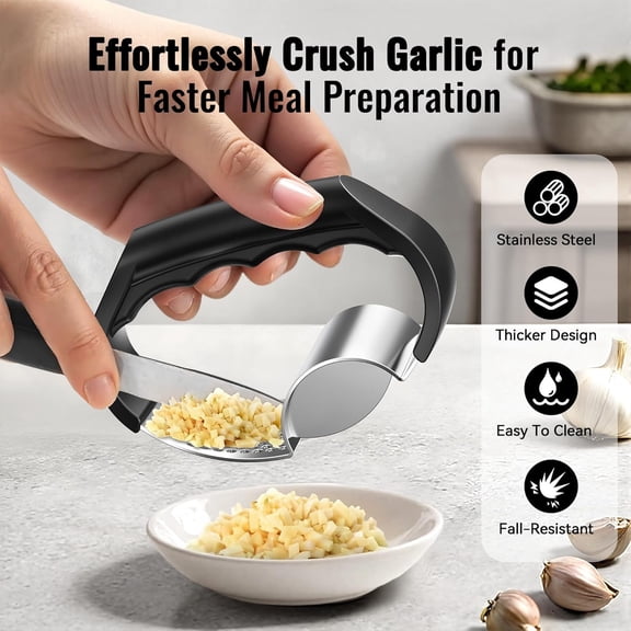Stainless Steel Garlic Press Rocker, 2-In-1 Heavy Duty Rust Resistant Garlic Crusher Kitchen Gadget with Non-Slip Handle, Easy Smash Effortless Garlic Smasher Dishwasher Safe for Efficient Crushing