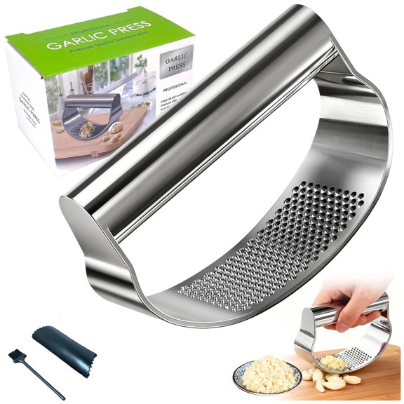 Stainless Steel Garlic Press Rocker, Portable Manual Garlic Crusher with Peeler and Brush