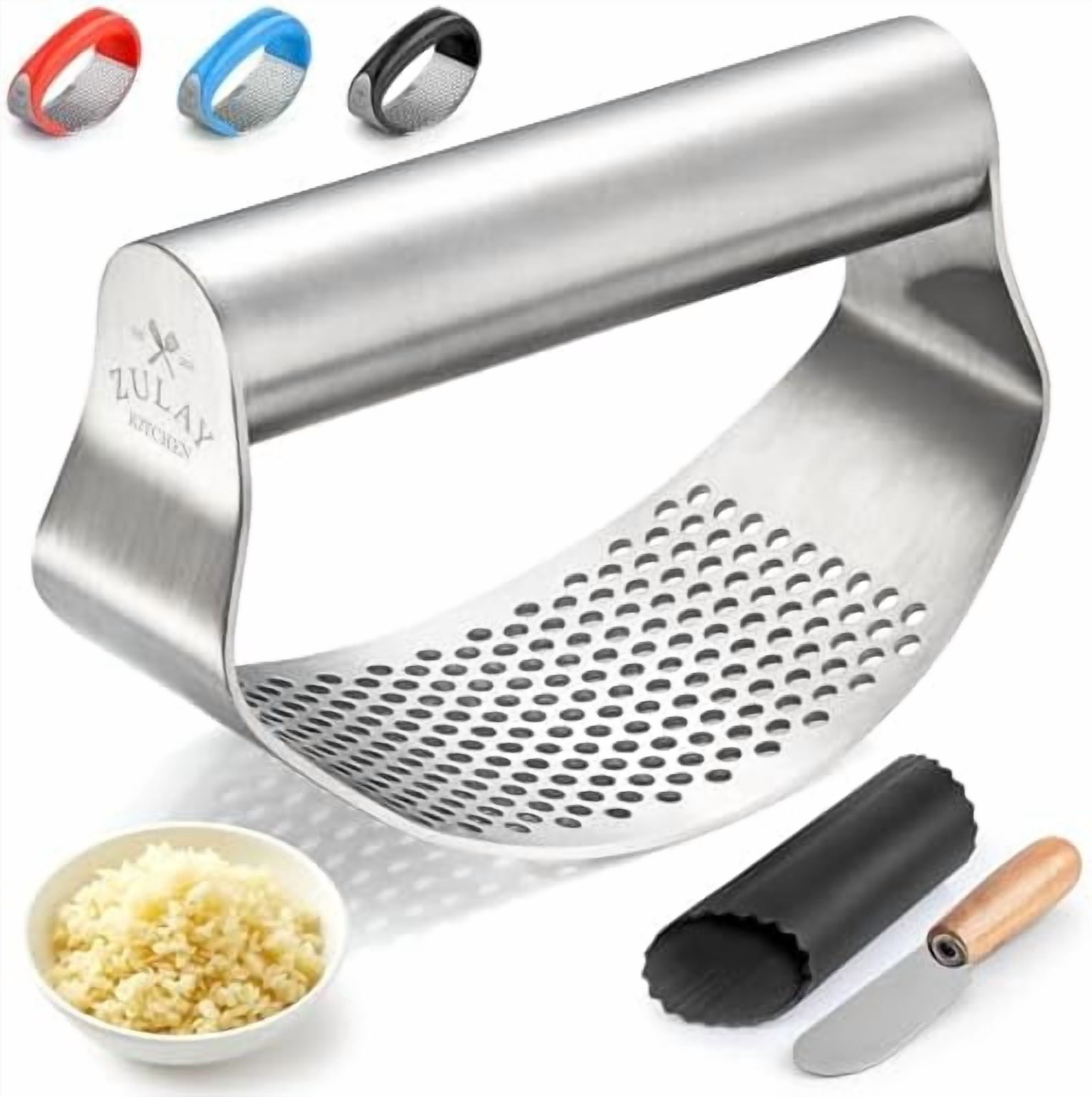 Stainless Steel Garlic Press Rocker Set - Time Saving, Durable Strong Garlic Mincer Tool - Easy to Use & Clean Garlic Crusher Set with Peeler and Scraper Kitchen Gadget Smasher