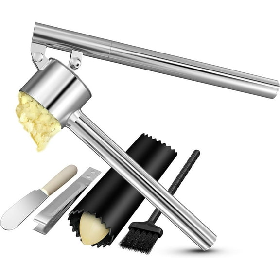 Stainless Steel Garlic Press Set with Jumbo Chamber & Mincer - Heavy Duty Rustproof Garlic Crusher with Ergonomic Handle, Dishwasher Safe, Easy Squeeze Design for Ginger, Nuts, Herbs