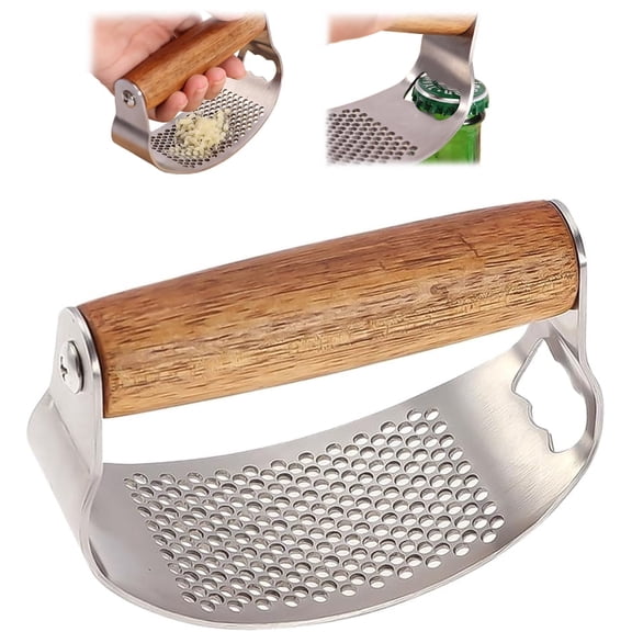 Stainless Steel Garlic Presser & Bottle Opener, Wooden Handle Garlic Press Rocker, Garlic Mincer Tool Garlic Chopper Hand Garlic Grinder (1 Pack)