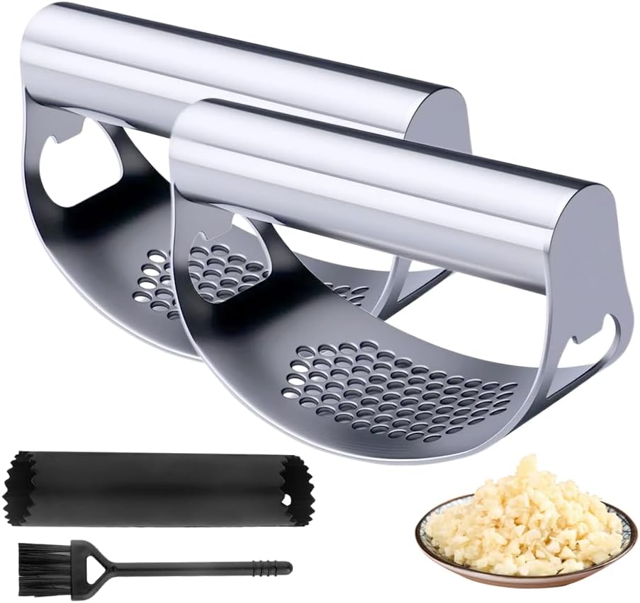 Stainless Steel Garlic Presser, Upgrade Rocker Crusher Masher with Garlic Peeling, 2026 New Portable Manual Stainless Steel Garlic Press for Home Kitchen Utensils (2)$$Home Decor, Kitchen, & Other