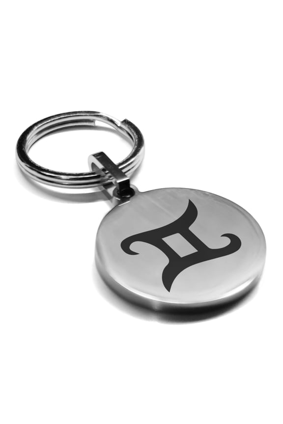 Stainless Steel Gemini Zodiac Sign (Twins) Round Medallion Keychain Circle Ring