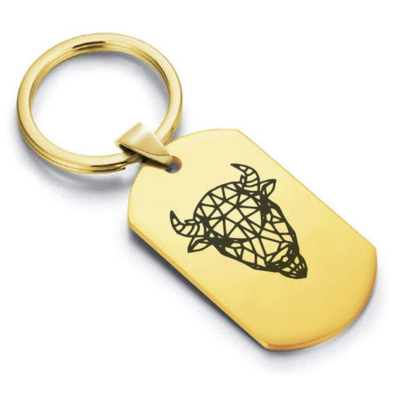 Stainless Steel Geometric Polygon Bison Animal Dog Tag Keychain Circle Ring