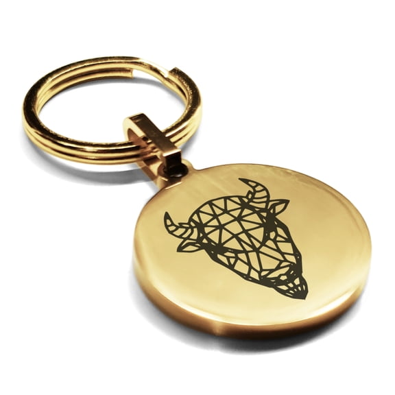 Stainless Steel Geometric Polygon Bison Animal Round Medallion Keychain Circle Ring