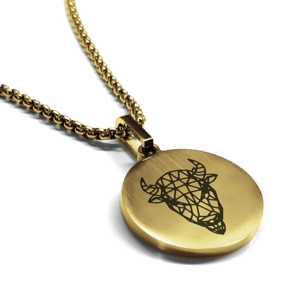 Stainless Steel Geometric Polygon Bison Animal Round Medallion Pendant Necklace