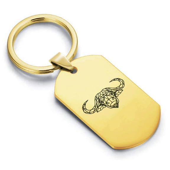 Stainless Steel Geometric Polygon Buffalo Animal Dog Tag Keychain Circle Ring