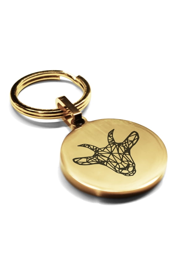Stainless Steel Geometric Polygon Goat Animal Round Medallion Keychain Circle Ring