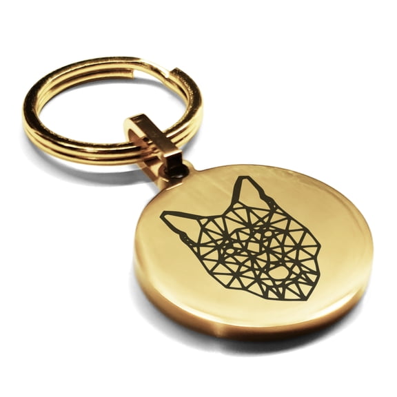 Stainless Steel Geometric Polygon Wolf Animal Round Medallion Keychain Circle Ring