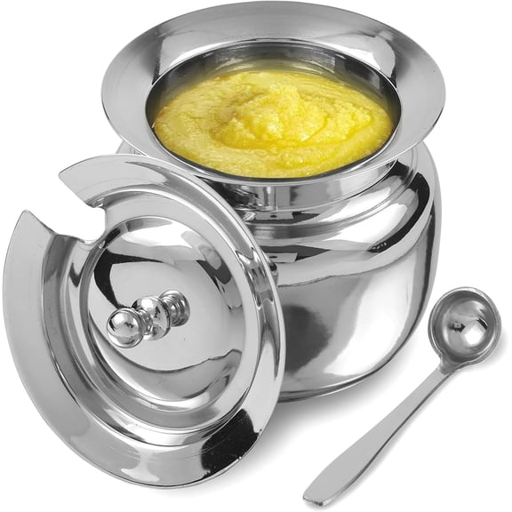 Stainless Steel Ghee Pot with Spoon and Lid | Ghee Container for Kitchen | Premium Oil Container with Lid for Pooja Items, 13 oz (400 ml)