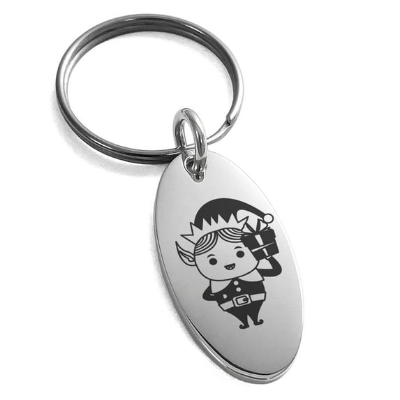 Tioneer Stainless Steel Gifting Elf Engraved Small Oval Charm Keychain Keyring