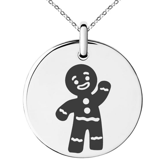 Stainless Steel Gingerbread Man Engraved Small Medallion Circle Charm Pendant Necklace