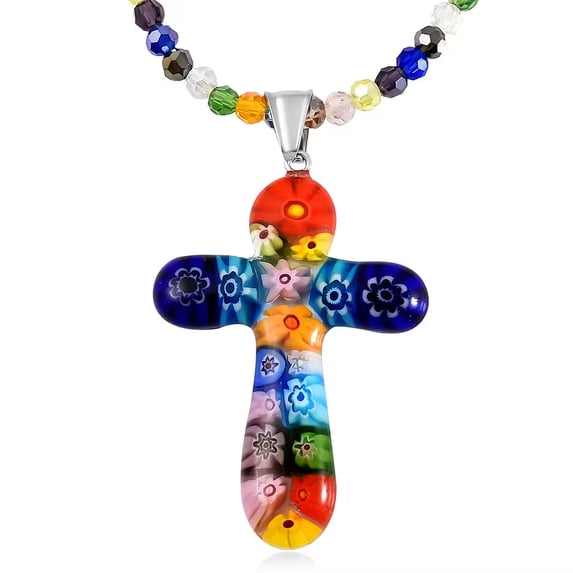 Stainless Steel Glass Murano Style Multi Color Beaded Cross Choker Pendant Necklace Delicate size 20" Catholic Faith Christian Religious Birthday Jewelry Birthday Christmas Gifts for Women