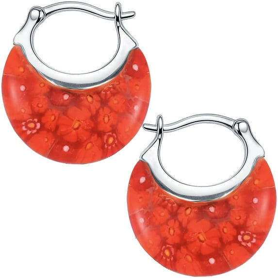Red Hoop Earrings for Women - Murano Style Flower Stainless Steel Dangle Earrings - Glass Jewelry Anniversary 11.6 Gms Birthday Christmas Gifts