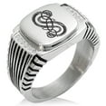 thumbnail image 1 of Stainless Steel God of Mischief Loki Viking Norse CZ Ribbed Needle Stripe Pattern Biker Style Polished Ring, 1 of 1
