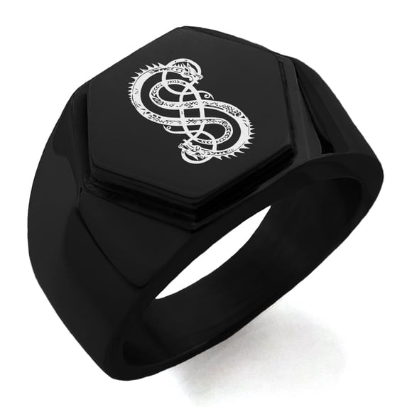 Stainless Steel God of Mischief Loki Viking Norse Engraved Hexagon Crest Flat Top Biker Style Polished Ring