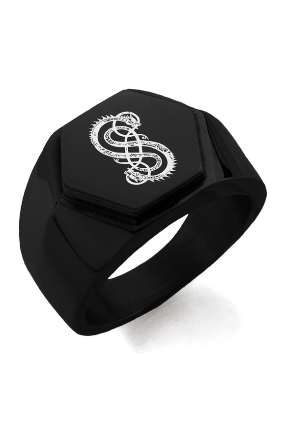 Stainless Steel God of Mischief Loki Viking Norse Engraved Hexagon Crest Flat Top Biker Style Polished Ring