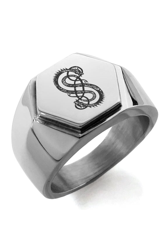 Stainless Steel God of Mischief Loki Viking Norse Engraved Hexagon Crest Flat Top Biker Style Polished Ring