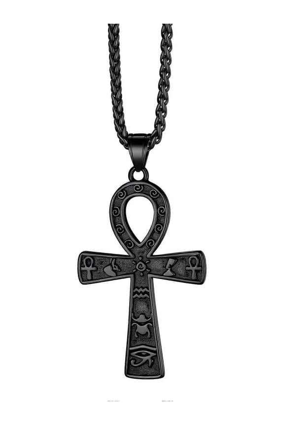 Stainless Steel/Gold/Black Plated Ankh Cross Pendant Necklace for Men Women with Wheat Chain Religious Jewelry(with Gift Box)
