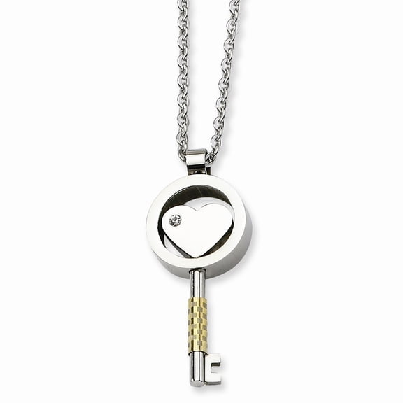 Stainless Steel Gold-Flashed and Cubic Zirconia Key Necklace - 22 Inch - Measures 15mm Wide