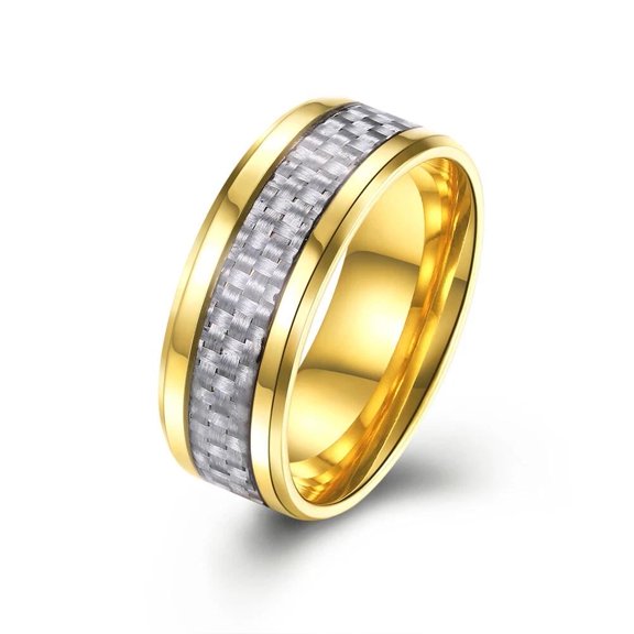 Stainless Steel Silver Gold Plated Men's Band Carbon Fiber Ring Statement Textured Size 9 B557