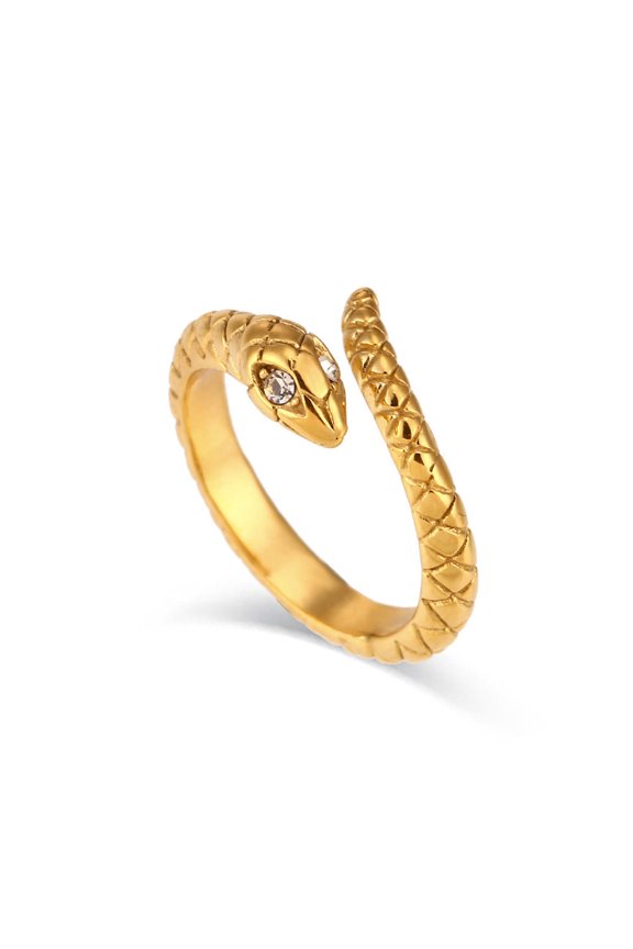 Womens Stainless Steel Gold Plated Snake Ring With White Diamond Eye Adjustable Open Design Fashion Jewelry Accessory