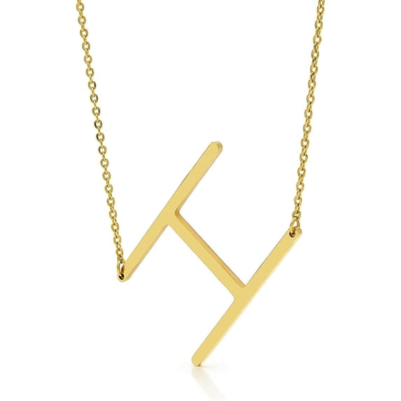 Stainless Steel Gold Plated Sideways A - Z Initial Letter Pendant Mens Womens Necklace, Free Micro Fiber Cloth, Giorgio Bergamo