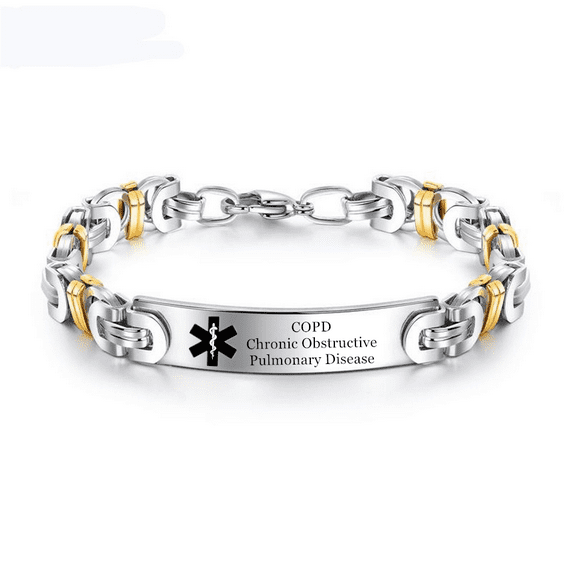 Stainless Steel Gold Silver Tone Personalized Medical Alert ID Byzantine Bracelet with Lobster Claw Diseases Allergic Awareness Identification Jewelry for Women Men,8.06inch, with Aid Bag