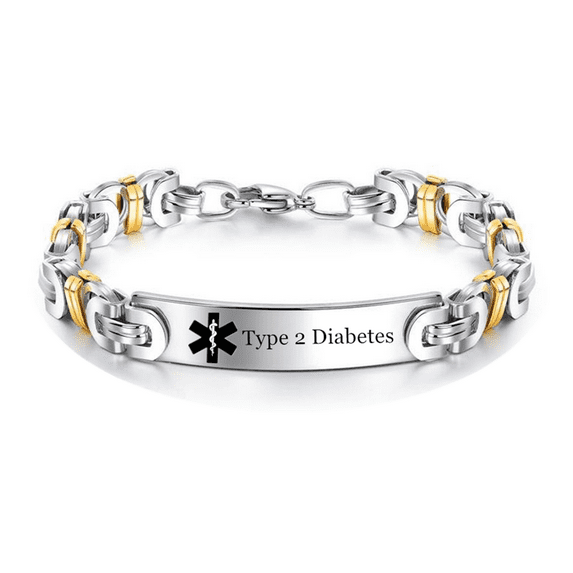 Stainless Steel Gold Silver Tone Personalized Medical Alert ID Byzantine Bracelet with Lobster Claw Diseases Allergic Awareness Identification Jewelry for Women Men,8.06inch, with Aid Bag