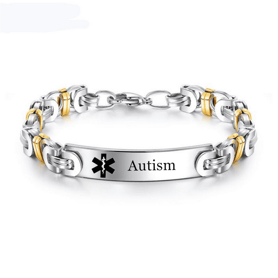 Stainless Steel Gold Silver Tone Personalized Medical Alert ID Byzantine Bracelet with Lobster Claw Diseases Allergic Awareness Identification Jewelry for Women Men,8.06inch, with Aid Bag