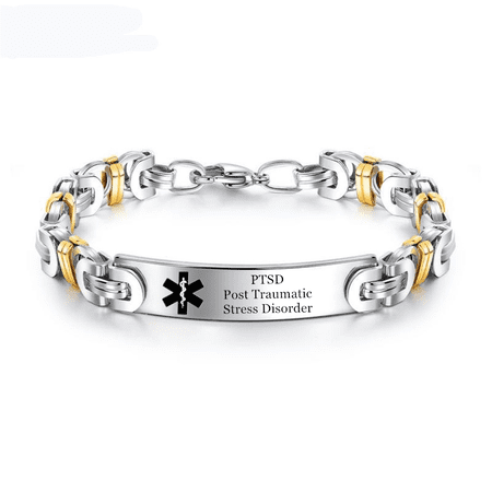 Stainless Steel Gold Silver Tone Personalized Medical Alert ID Byzantine Bracelet with Lobster Claw Diseases Allergic Awareness Identification Jewelry for Women Men,8.06inch, with Aid Bag