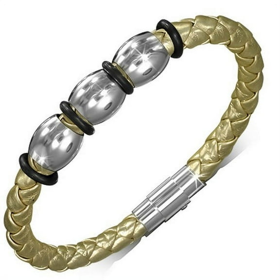 Stainless Steel Gold-Tone Braided Faux PU Leather Silver-Tone Mens Womens Wristband Bracelet