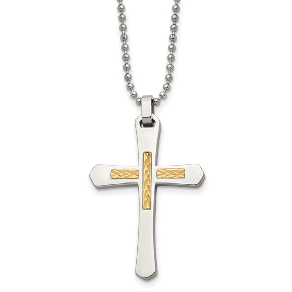 Stainless Steel and Gold-Tone Cross Pendant Necklace with Etched Accent on Ball Chain Modern Minimalist Religious Jewelry for Men and Women Spiritual Design for Daily or Formal Wear