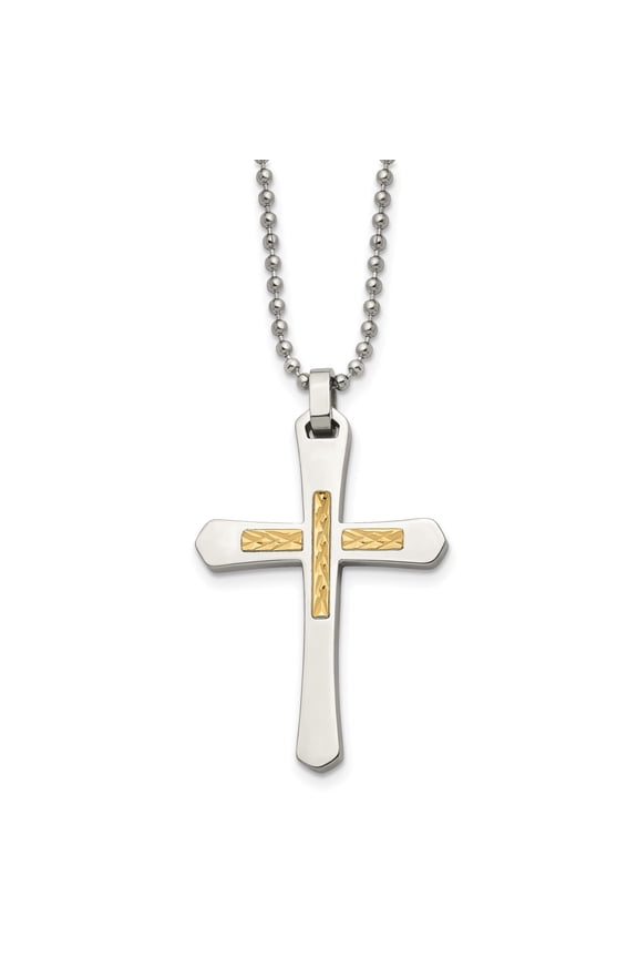 14k Two-Tone Gold Cross Pendant Necklace with 22 in Ball Chain, Christian