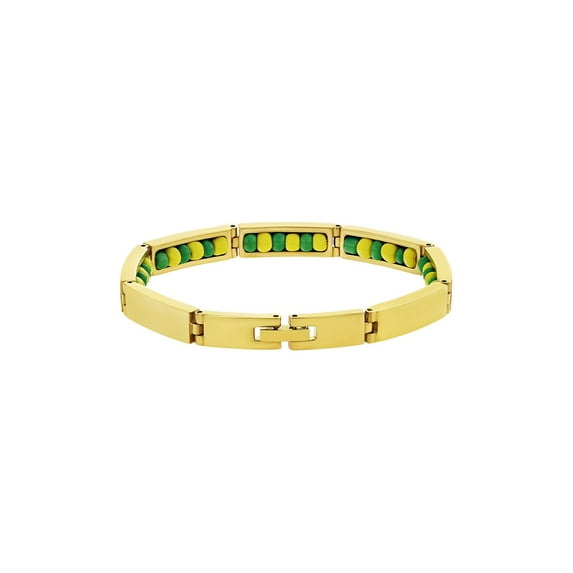 Stainless Steel Gold Tone Green and Yellow Santeria Babalawo Orula Bracelet 7"