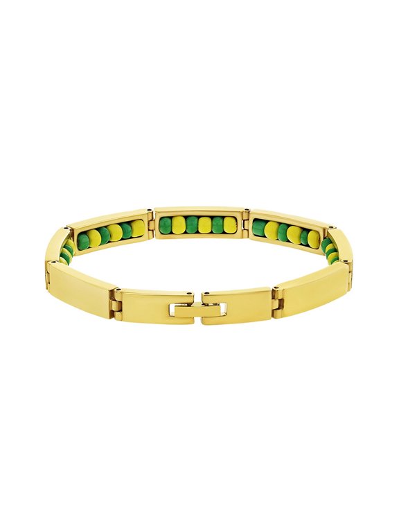 Stainless Steel Gold Tone Green and Yellow Santeria Babalawo Orula Bracelet 7"