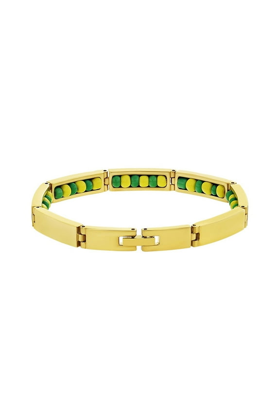 Stainless Steel Gold Tone Green and Yellow Santeria Babalawo Orula Bracelet 7"