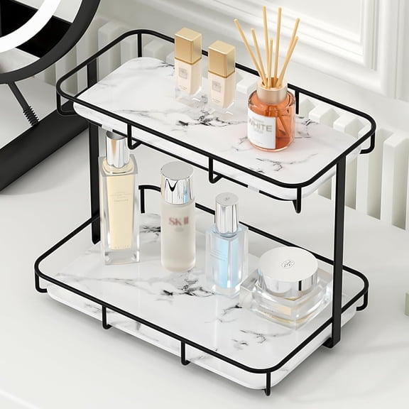 Stainless Steel Gold & White Marble 2-Tier Rectangular Vanity Tray for Countertop Cosmetics Storage
