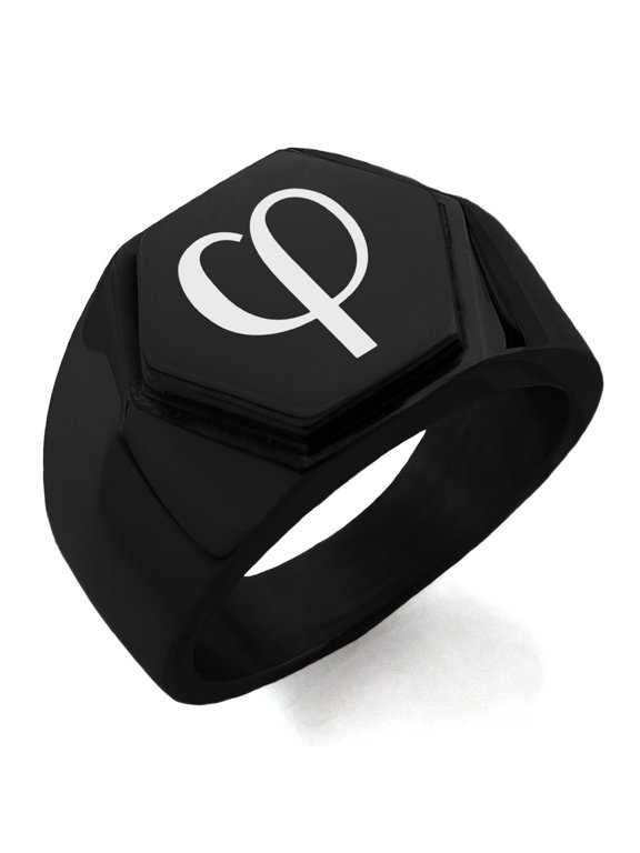 Stainless Steel Golden Ratio Mathematical Engraved Hexagon Crest Flat Top Biker Style Polished Ring