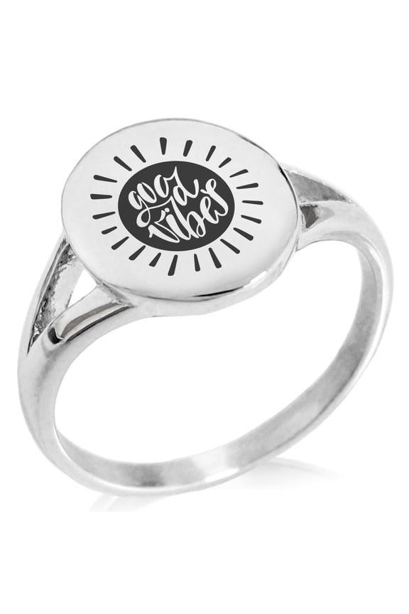 Stainless Steel Good Vibes Sun Minimalist Oval Top Polished Statement Ring